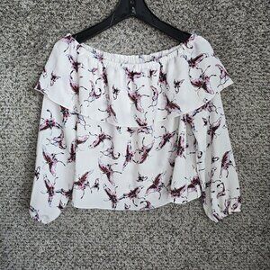 Aritzia Wilfred Top Womens Small Off The Shoulder Blouse Butterfly Purple Ruffle